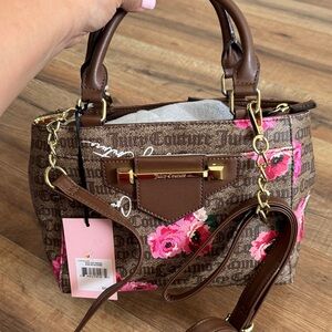 Juicy Couture Brown Monogram Floral Satchel with Pink Accents